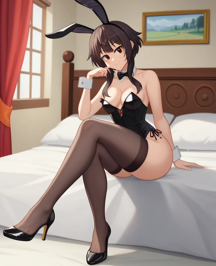 (Ultra hd), (full hd 8k regulations), (masterpiece), a very sexy cutie curvy girl, brown hair, a red bunny head bands, wearing a black sexy lingerie, posing on her bed, anime, illustration, 3d rendering, photo, ceramics