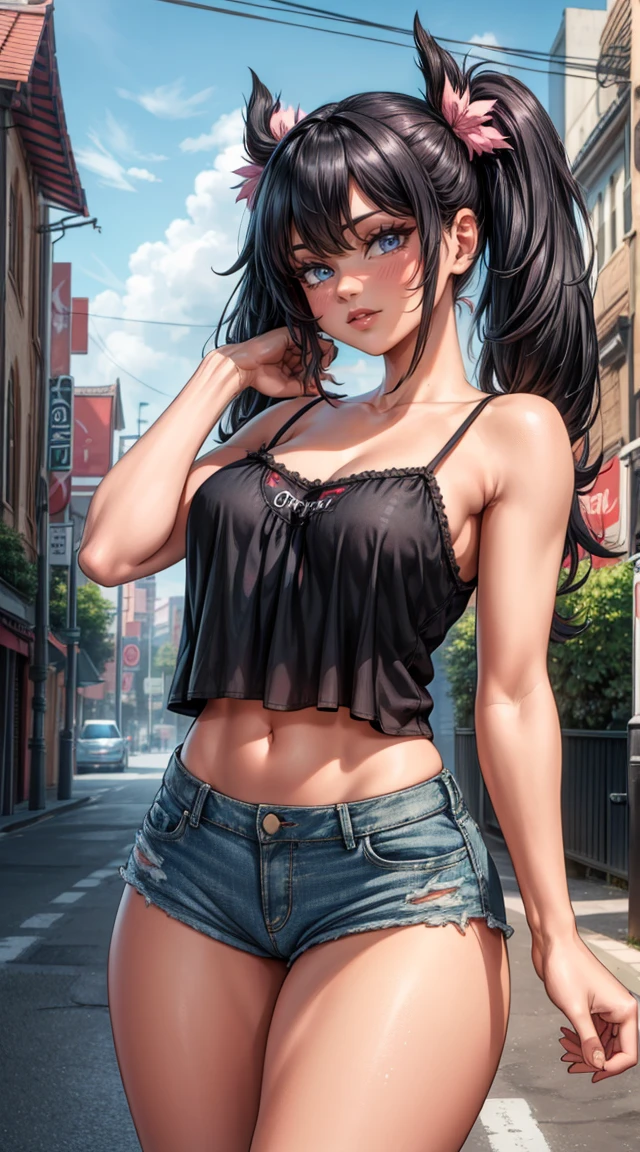 (1 Girl), white girl, thot, Blushing, (((Wet Skin)), shiny short black hair, beauty, top heavy lips, cat eye eyeliner, denim shorts visible thong strap, Torn Clothes, a lot of bracelets,, Best Quality, Masterpiece, Ultra High Res, ( photorealistic:1.4), RAW photo, visible thong straps, desert, amber eyes, embarrassed, brushing hair behind ear, blush, cute face, shocked, long body, thong, amber eyes, smile, warm expression, long body, exposed abdomen, toned stomach, tight top