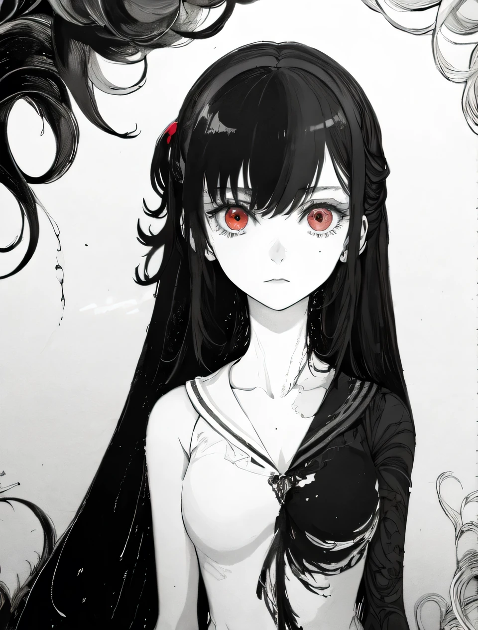 Black and white color scheme, highly detailed, ultra-quality, monochrome illustration. A single girl (1girl) with long, half-black and half-white mixed hair. Precise black and white hair division with natural blending. Odd eyes: left eye is pure white, right eye is deep black. Emotionless, calm expression. The entire character design follows a black and white contrast theme. She is in a white room with a pure white background, enhancing the striking monochrome aesthetic. The composition emphasizes elegance and balance between black and white elements, ensuring a refined and visually compelling artwork, ((RED EYES)), ((FLUID))