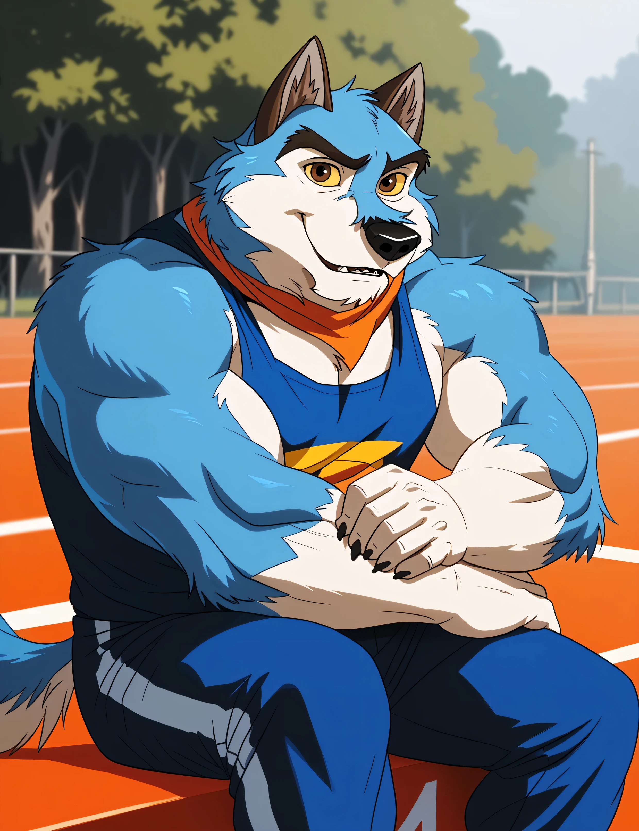 baltotwd, wolfdog, balto, brown eyes, yellow sclera, solo, detailed, detailed face, black eyes, anthro body, male, adult, muscular, cartoon shading, cel shaded:1.0, flat colors, (no background, white background):1.5, shirtless, wfa style, negger style, cartoony anatomy, above waist, looking at viewer, posing, smile