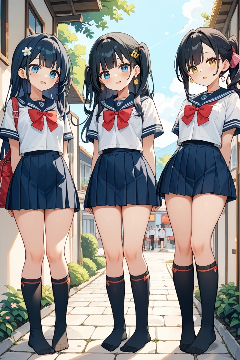 masterpiece, best quality, 3 girls, , (petite),
smile, open mouth, standing, sailor uniform, small breasts, classroom,