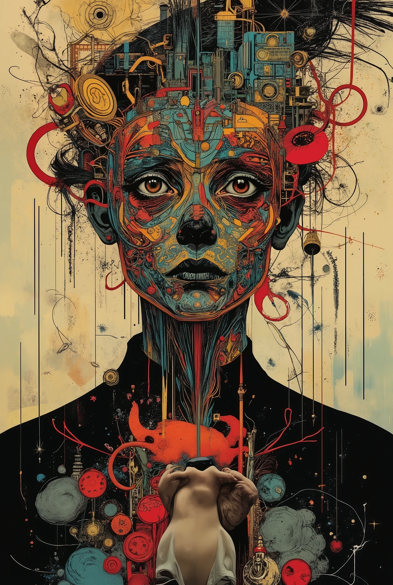 style by hans giger, alfred kubin, gothic, superimposition, romanticism, art-deco, blank stare, wind, noise, anxiety, colorful, intricate details, professional photoshoot, vivid colors, chiaroscuro lighting, realistic, hyper-detailed, ultra-sharp, colorful