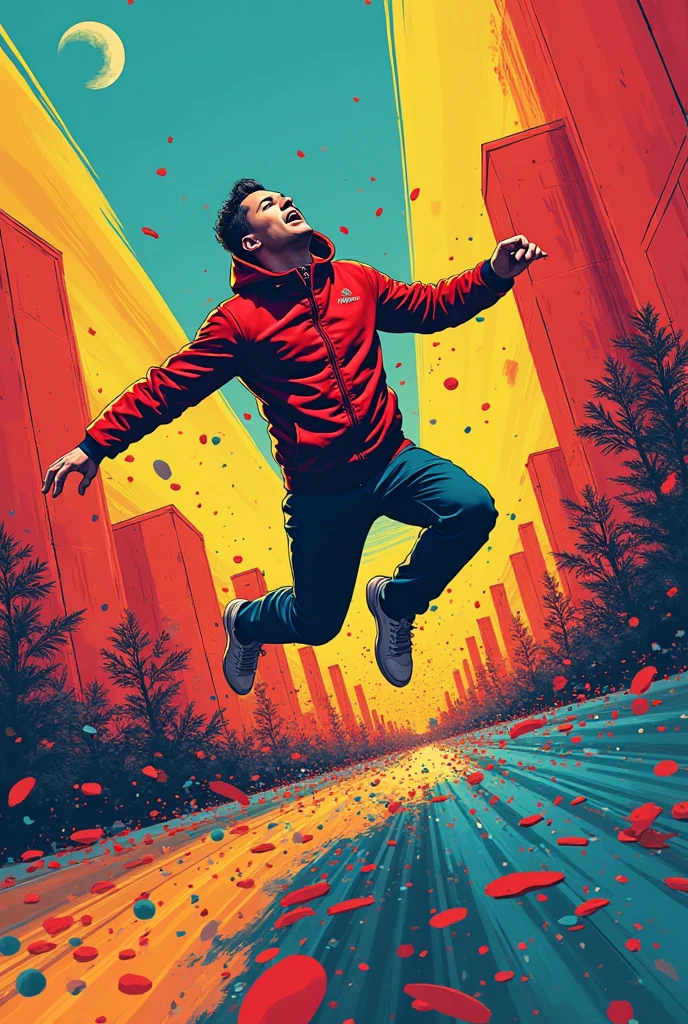 Falling man bleeding
in air, with debris and cars floating
digital illustration