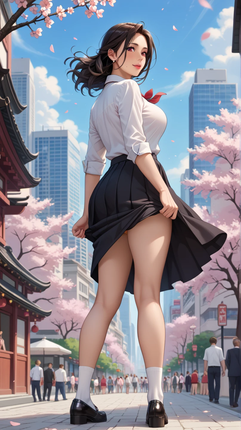 (((UHD)), ((highest quality)), ((masterpiece)), (Very detailed), (High resolution), (Beautiful detailed sparkle), (High detail), (Anatomically correct)), ((Realistic)), ((The best CG)), Ultra-detailed art, CG illustration, 8k, 1080P, Photorealistic:1.37, Anime 2D Rendering,
(((One Woman))),
(Symmetrical facial features:1.4, Perfect Face), Beautiful clavicle, (Beautiful fingers), (((Beautiful breasts, Small breasts))),
Beautiful body, Beautiful thighs, Beautiful feet, Perfect round butt, (((Detailed skin, Oily skin, Textured skin, Beautiful white skin:1.4))),
(((Baby Face, cute, 20-year-old))),
(Droopy eyes, Expression of fine eyes, Beautiful and delicate eyes, Sparkling eyes, Eye Reflexes, Dark blue eyes),
(Beautiful Nose,Thin Nose),
(Smaller mouth, Glossy Lips, Beautiful Lips, thick lips),
(Beautiful Hair, Shiny Hair, Shiny Hair), Hair fluttering, (Black Hair, Forehead,ponytail:1.4),
((Blue sleeveless high neck sweater dress:1.4)、See-through black pantyhose:1.4、High heels)、 Earrings、
BREAK
(laughing、smile),
BREAK
(night、(Cherry blossom trees:1.4)), ((Character Focus、Full Body Shot、full body、look back))