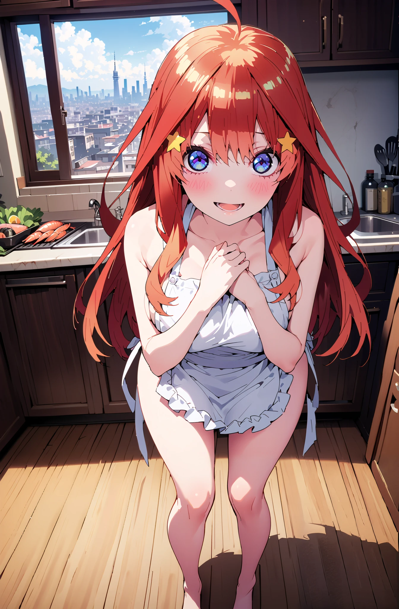 red orange long hair、、Star-shaped hair ornament、red blush、Black lace panties、embarassed face、red blush、Teary-eyed、Solo、、Composition from below、(Wearing a bath towel)、(no bra),(no panties),Camel hoof