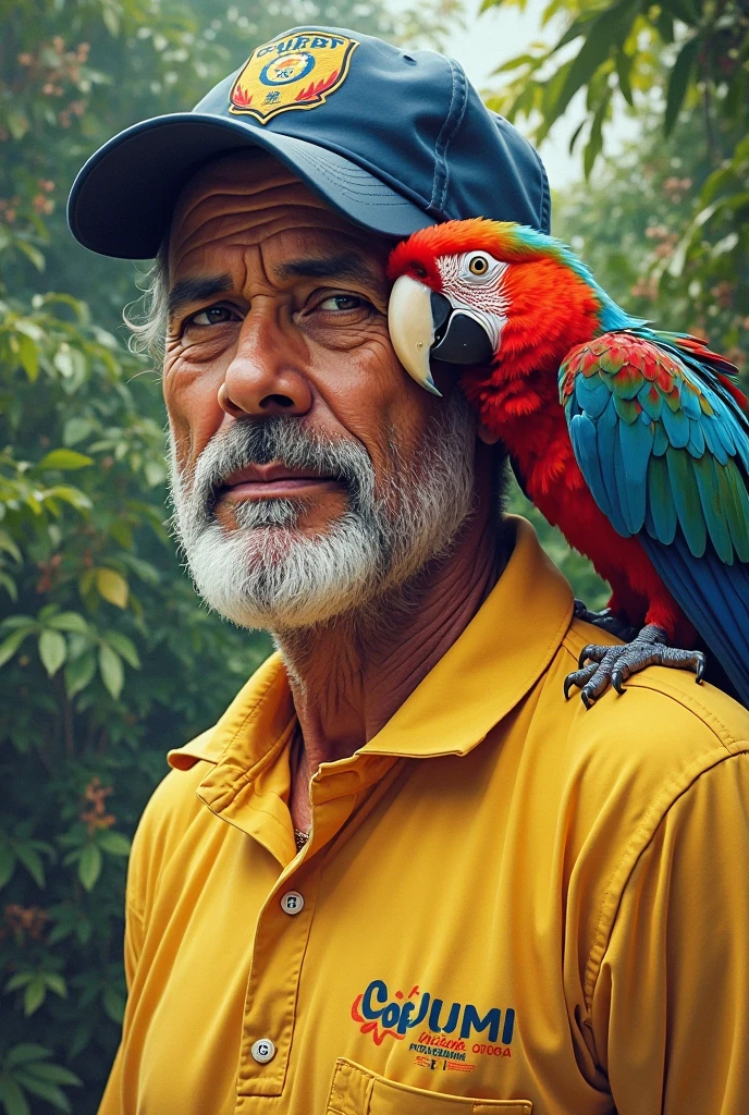 Slightly fat trimmed beard white male kissing with passion a green parrot with red mask