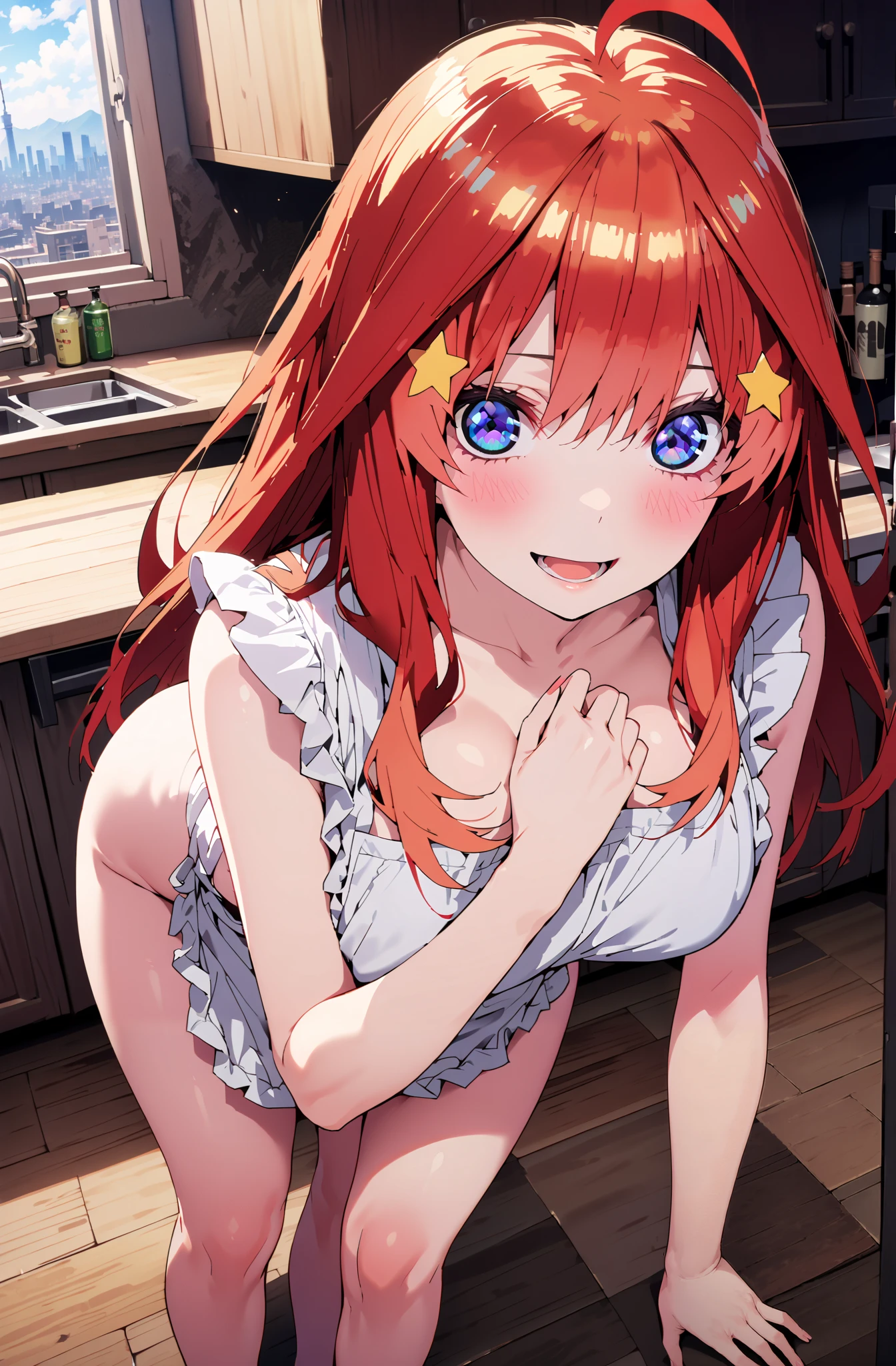 itsukinakano, Itsuki Nakano, bangs, blue eyes, hair between eyes, Ahoge, redhead, star \(symbol\), hair ornaments, open your mouth,star hair ornaments,long hair,ponytail,big breasts naked apron,bare shoulders,bare clavicle,naked neck,naked brachial legs,barefoot,blush,embarrassing,panic,
break indoors, kitchen,
break (masterpiece:1.2), highest quality, High resolution, unity 8k wallpaper, (figure:0.8), (detailed and beautiful eyes:1.6), highly detailed face, perfect lighting, Very detailed CG, (perfect hands, perfect anatomy),