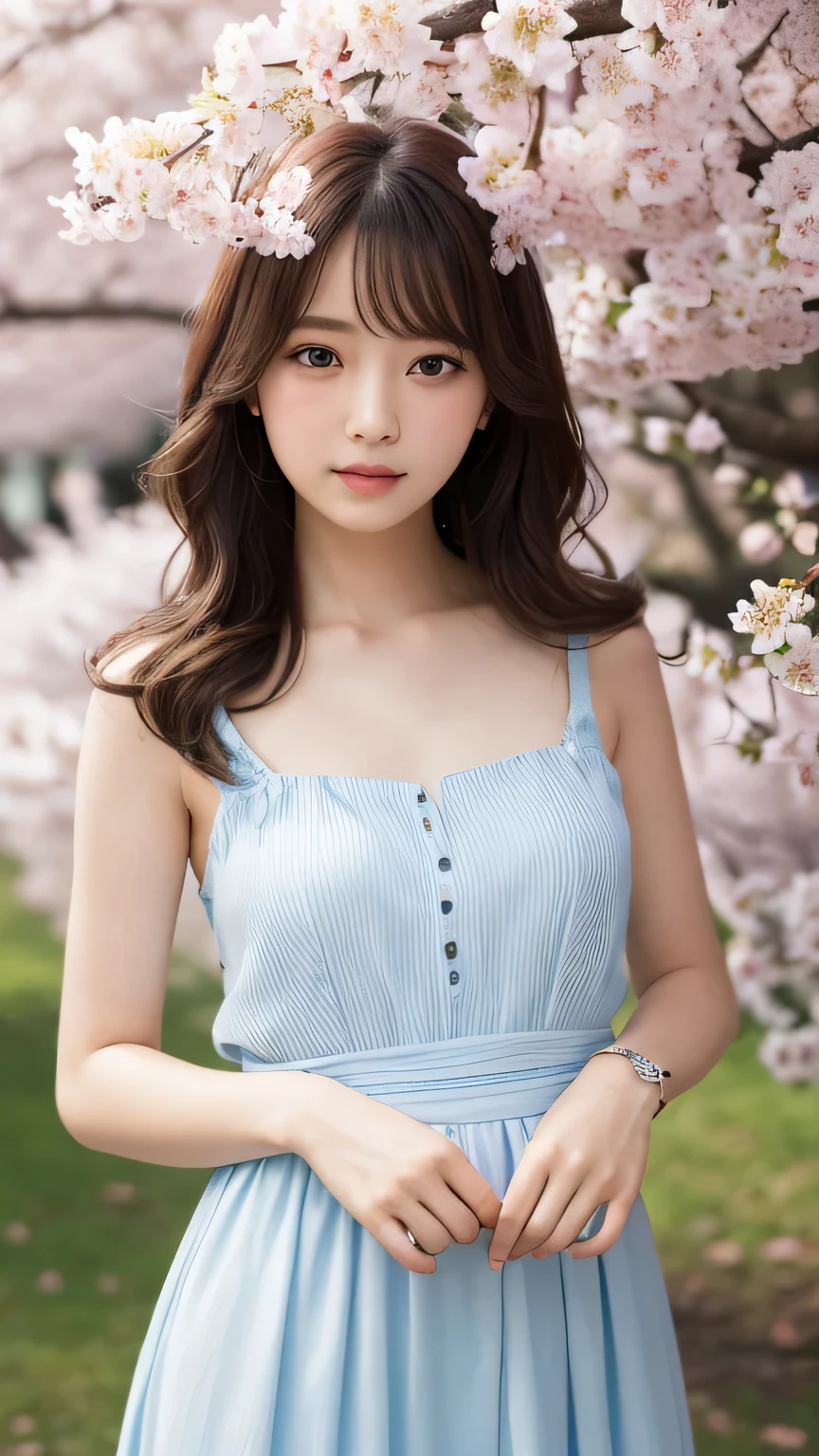 ((masterpiece: 1.3),8K, Realistic, RAW Photos, Highest quality: 1.4), (One Girl), beautiful顔, (Realistic Face), (Brown long hair: 1.3), bangs, Perfect dynamic composition,(High quality with attention to detail, Realistic depiction of eyes:1.3)、The whole is facing forward、21talent、beauty、Well-formed face、Even out the eyes、Banditium Build、Balanced ratio、beautiful足、Fresh face、beautiful景色、beautifulヘアスタイル, (bangs), (smile), smile, Realistic eyes, Gloss, highlight, highlight in the Eyes, eyelash, 目の中のbeautifulディテール, (Realistic Skin), ((((Sweet girly clothes 6,Printed dress、White and floral、Sit on a bench))), beautiful肌, Transparency、(beautiful)、 bust, smile, teeth, Confused, charm, 超High resolution, Ultra-realistic, High resolution, Golden Ratio, clear eyes, Wet, Looking into the camera, ear, Shine, Long neck, double eyelid, Thin eyebrows、Big eyes, cheek, kind character, charm personality, kind, 圧倒的なcharm, bright personality