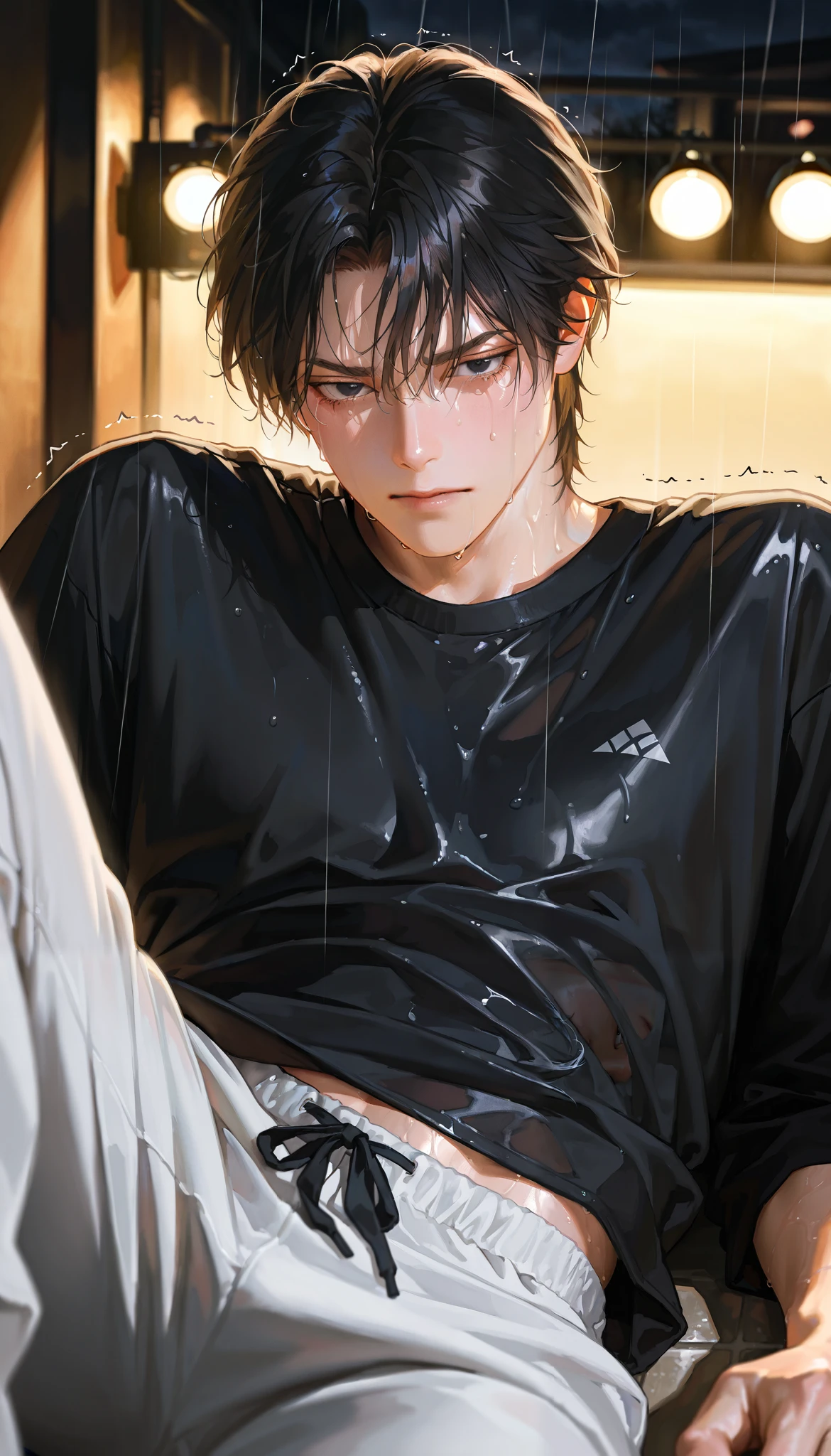 (masterpiece:1.2, Best Quality, Ultra Detailed Face and Eyes), cold face, mature male, handsome, lying, 1 man, male-centered, handsome man, Thick painted , Perfect eyes , semi-realistic art , semi-realistic art style, expressive brushstrokes , vibrant brushstro(masterpiece:1.2, Best Quality, Ultra Detailed Face and Eyes), cold face, mature male, handsome, crying, 1 man, male-centered, handsome man, Thick painted , Perfect eyes , semi-realistic art , semi-realistic art style, expressive brushstrokes , vibrant brushstrokes, Impressionist painting, realistic due diligence skin, realistic due diligence hair, realistic details, realistic due diligence, best resolution , in the luxury pub details room, dark puple black hair, dark puple eyes, short hair, beautiful face, Photo Realistic , best resolution , censorship removed , coppery skin, Alone, Background blur, movie lights, vignettes, film grain / old movie filter , blurry view , lying, short hair, dark hair, male focus, handsome man, thickly painted, Semi-realistic art , Semi-realistic art style, expressive brushstrokes, vibrant brushstrokes, impressionistic painting, realistic skin, realistic hair, realistic details, photo-realistic, high details, natural curly hair, rain, wet, a dark sky, handsome, a teardrop frowning, mature man, 1 man , handsome man, Shaking, Mouth tightly shut, A crying expression, Frowning eyebrows, sad, Annoying, ((black shirt, sweatpants))