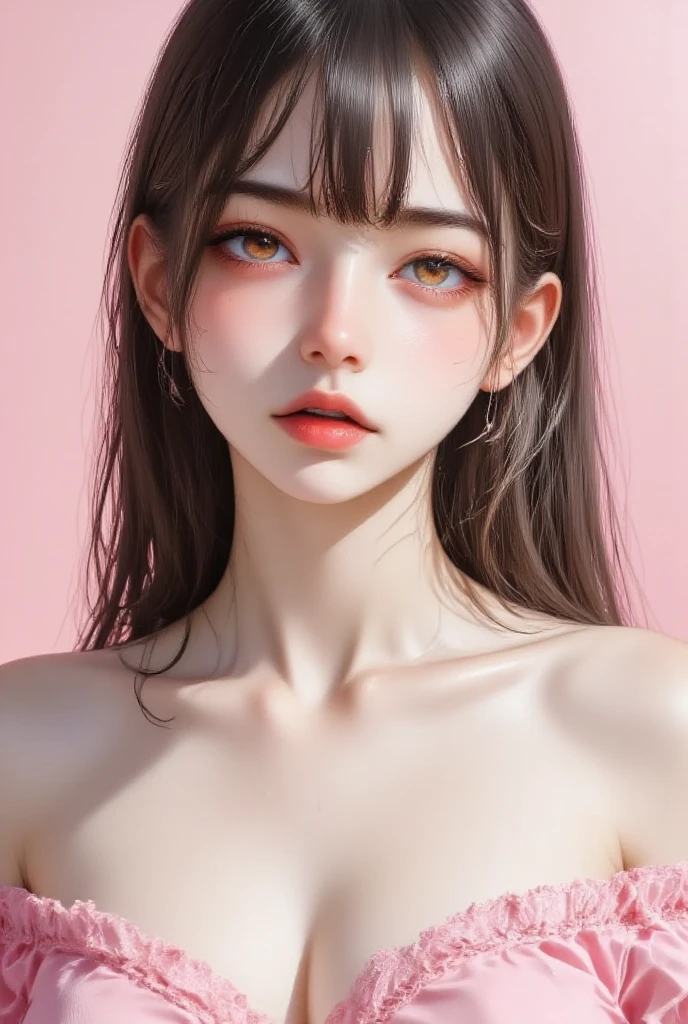 Amazing portrait of a sexy woman with her hair tied back in a high bun with her eyes emphasised by smokey eyeliner gazing at us seductively with her perfect lips parted wearing a red dress with black laces and fishnets