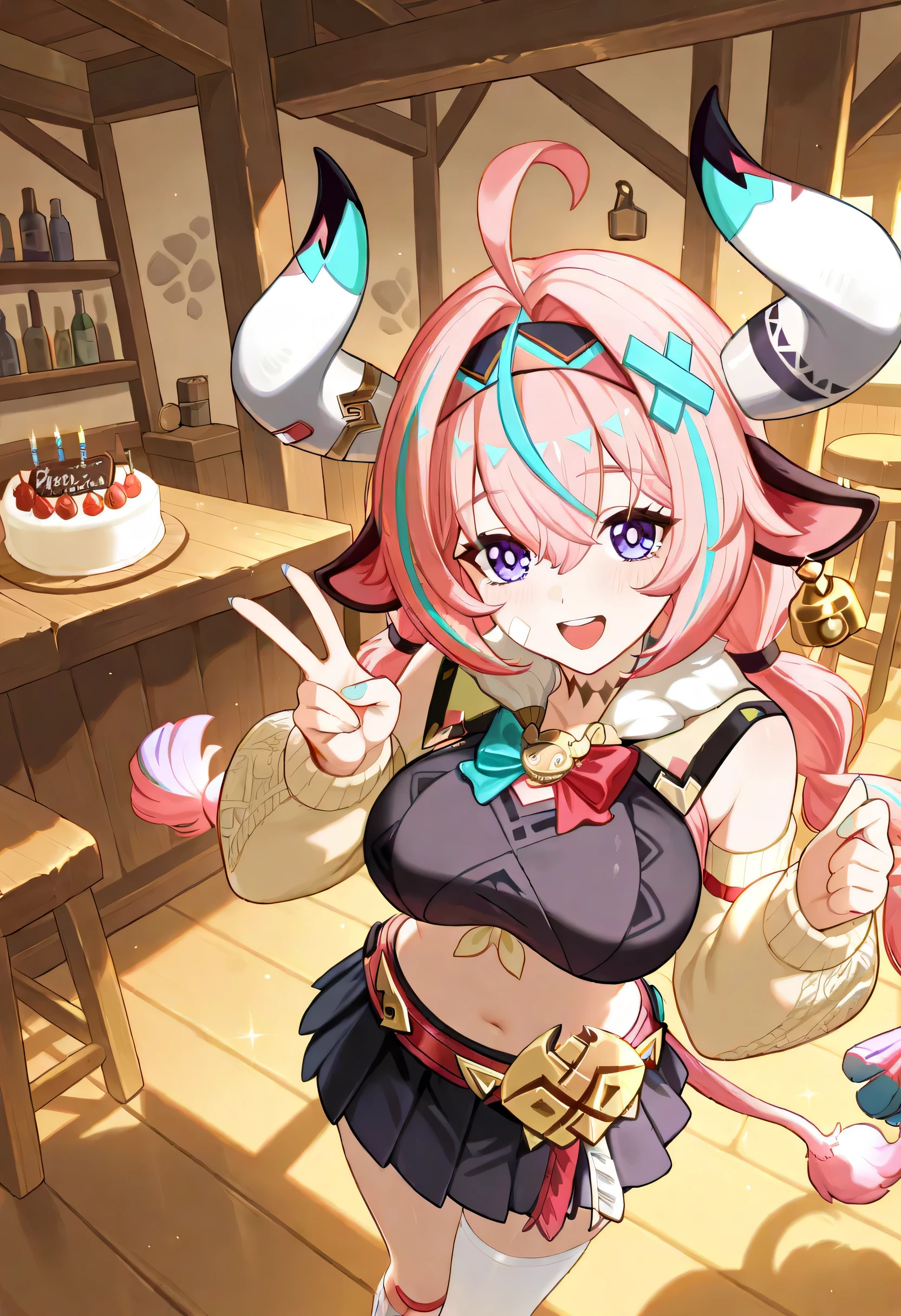 Varesa \(Genshin Impact\),1girl,solo,cow horns,breasts,black skirt,single thighhigh,navel,cow ears,pink hair,purple eyes,long hair,detached sleeves,black shirt,multicolored hair,white thighhighs,midriff,belt,crop top,looking at viewer,miniskirt,pleated skirt,twintails,long sleeves,large breasts,streaked hair,bell,hairband,red bow,standing,blush,tail,blue hair,indoor,tavern,bar,rely on,smile,from_above,wooden table,wooden chair,wood flooring,nail_polish,v,upper teeth only, girl's bedroom, eating a cake, Bunny suit, pink leotard,