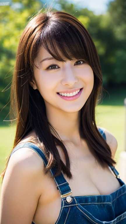 Photorealistic, 1 female, 30 year old woman, Japanese woman, high-quality 32k photo of a beautiful Japanese girl in a playful sundress, with detailed eyes and a lively smile, sitting on a picnic blanket in a park. She’s wearing a colorful sundress with comfortable flats, The image captures her surrounded by nature, with a focus on her cheerful demeanor and the peaceful greenery around her. (medium hair, straight hair, bangs:1.3, brown hair),