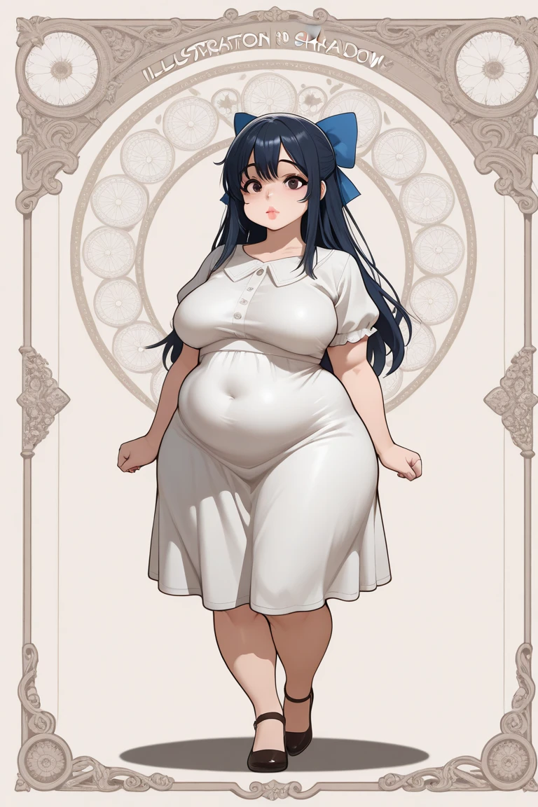 (masterpiece, best quality, highly detailed), 1girls, big belly, blurry background, huge belly, art by kipteitei, round belly, chubby, curvy, simple_background, gradient_background, belly grab, enormous belly, fat belly, thicc, bigger belly, really big belly, jiggly belly, shirt covering belly, belly cover by shirt, glasses, ((lolita)), casual clothes, skirt, thighhighs, ((full body)), long hair