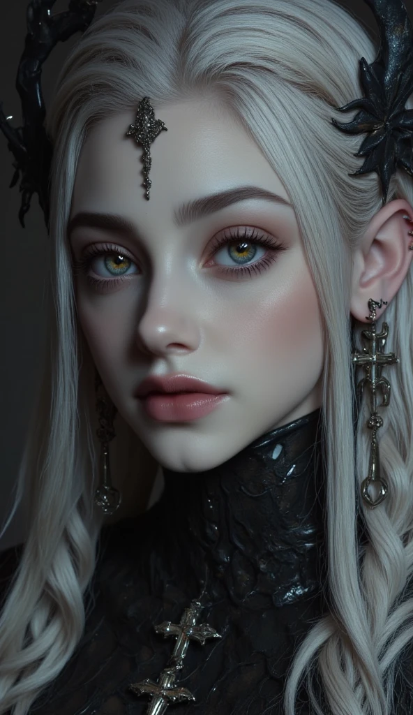 hyper-realistic of a mysterious woman with long white hair, ears of elf, piercing gray eyes, and a black lipstick, delicate smile, upper body, dinamic poses, sitting,