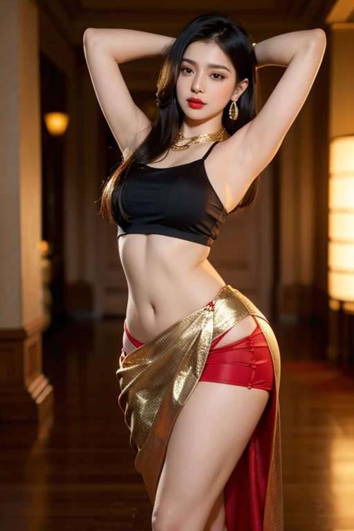 perfect face chubby child in saree  perfect full HDR body exposed midriff  highleg loli flat chest curvy indian armpits bellydancer   8k  chubby high res knees ankles , royal skimpy underwear, cleavage (shiny skin:1.2) depth of field (full body shot) (high heels) (bathroom)