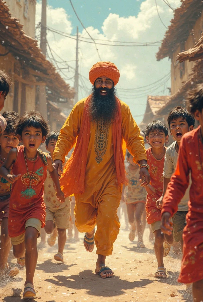 A man wearing turban running in ground with 6 to 7 childrens