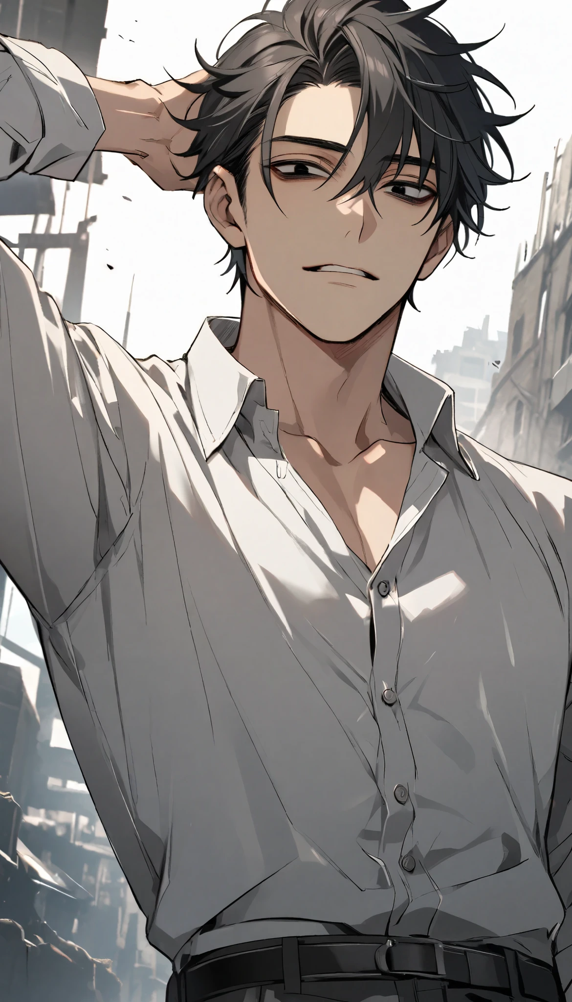 man,  Handsome,  short black hair , black eye color,  White Shirt , 