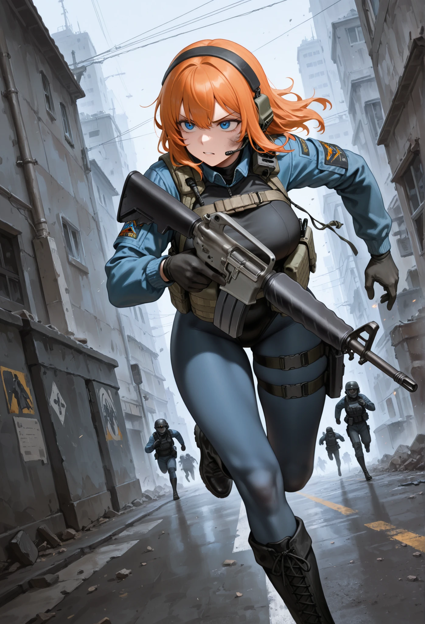 (best quality), (masterpiece), amazing quality, absurdres, highly detailed, 1girl, solo, solo focus, random hairstyles, tactical headset, black leotard, blue sleeves, black gloves, full pantyhose, blue tights, black boots, knee boots, tactical gear, c-m16, holding m16, running, dutch angle, war zone background, gritty espionage atmosphere, cinematic lighting, daytime