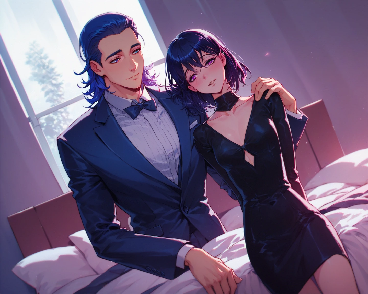 A handsome boy with black hair in a suit and a girl with long black hair in her arms holding a bandeau dress lie on the sofa