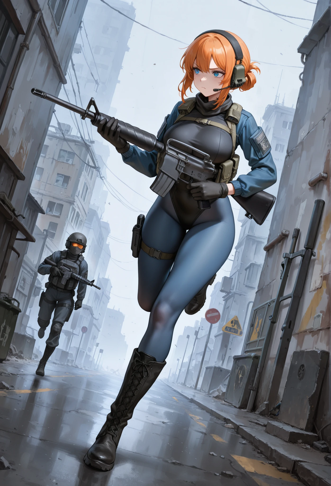 solo, 1girl, tomboy, boyish girl, gas mask, girl wearing gas mask, bullet proof vest, body armor, combine soldier, jump suit, two tone clothes, shoulder armor, helmet, combat boots, blue urban camo, blue camo, cameltoe, science fiction, petite, wide hips, thicc, toned legs, muscular legs, curvy, armband, leg armor, military, sexy tight clothes, glowing eyes, small breasts, flat chest, ass, city, skyscraper, tower, military, wrench, jacket around waist, mechanic, mechanic girl, vehicle, apc, truck, humvee, waist coat, abs, athletic, sweat, night, stars, moon, (blue glowing eyes), flashlight, chest rig, holster, pistol holster, belt, submachine gun, metal crates, military crates, ammo box, laptop, laptop on table, grenade belt, backpack, radio on shoulder, hoodie down, city night, vest collar, toolbelt, screwdriver, hammer, tablet, holding weapon, holding gun,