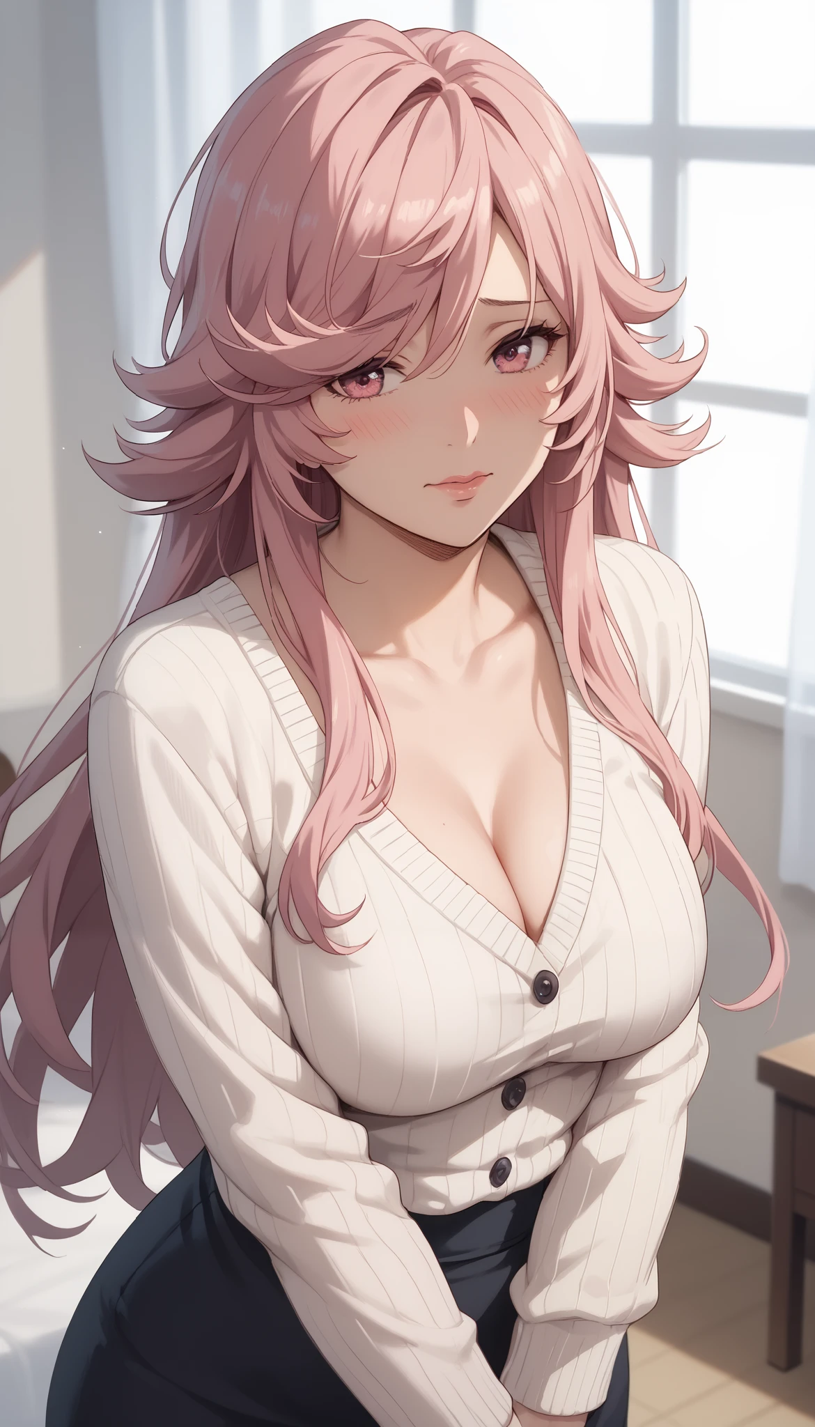 Solo girl, yayoi kusakabe,adult woman, housewife, pink hair, pink eyes, long hair, chest, white dress, open sweater, black skirt, milf, embarrassed, soft light, very detailed, top quality,A look of shame on his face,