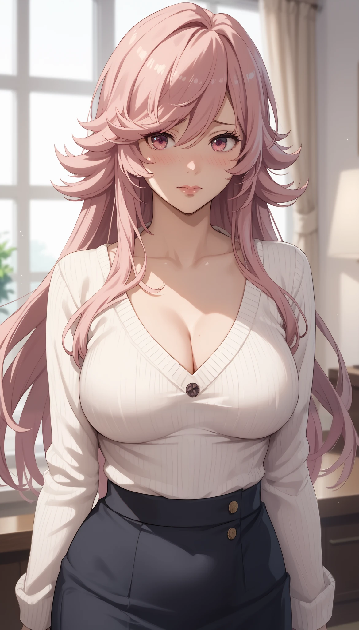Solo girl, yayoi kusakabe,adult woman, housewife, pink hair, pink eyes, long hair, chest, white dress, open sweater, black skirt, milf, embarrassed, soft light, very detailed, top quality,A look of shame on his face,