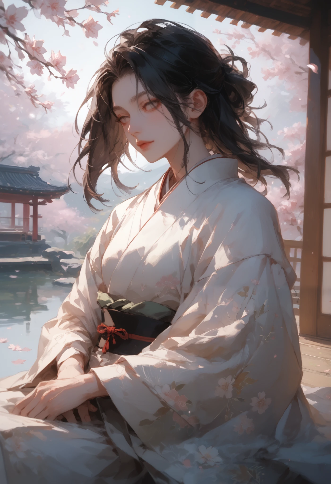 (Score _9, Score _8_climb, Score _7_climb), blind Japanese woman, long black hair (usually tied low or left loose), black but soulless eyes, pale skin, slender yet toned body. Wearing a traditional light-colored kimono with delicate floral embroidery, tied with a soft obi. A few loose strands of hair frame her serene face.
Pose: Sitting gracefully on a wooden engawa (veranda), hands gently resting on her lap, head slightly tilted as if listening to the wind. Her expression is calm and introspective, with a quiet elegance.
Background: A peaceful traditional Japanese garden at dusk, with falling cherry blossoms, a small pond reflecting the moonlight, and a soft breeze rustling the bamboo trees. The atmosphere is serene, almost otherworldly, emphasizing her ethereal and gentle presence.