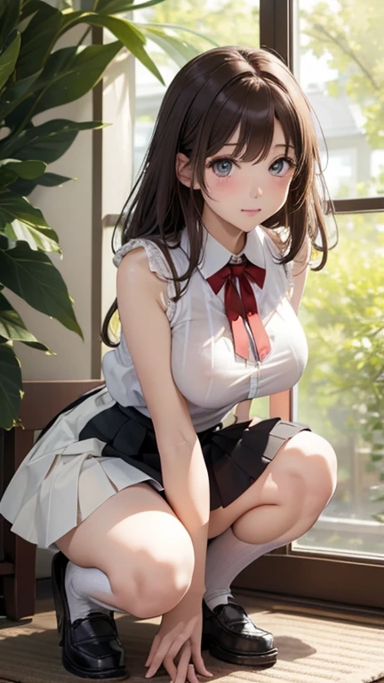 Yui Kotegawa、Colossal tits、low angles、stairs at school、Panchira、with floral pattern pink panties、Whitecheck Green pleated skirt、Black lace Polka Dot Bra、White ribbon blouse with open chest、Navel Ejection、Dark blue high socks、Brown loafers、A slender、is standing