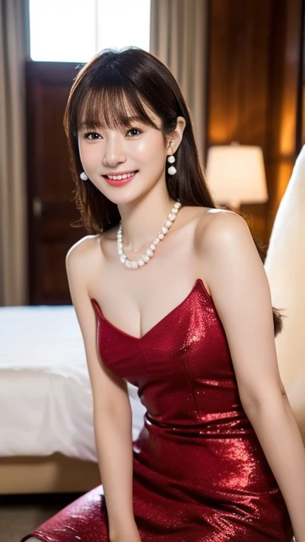 Medium display, Medium Shot, Written boundary depth, bust, whole body, Movie angle, masterpiece, highest quality, Very detailed, CG, 8k wallpaper, Beautiful Face, Delicate eyes, Otome, alone, smile, bangs、shirt, Crimson Dress,High heels、vase