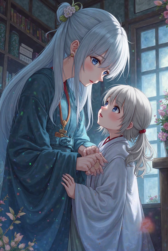 a cartoon picture of a woman holding a child in her arms, in anime style, high quality fanart, white haired deity, cel shaded anime, in an anime style, anime cover, arm around her neck, fubuki, white fox anime, they are siblings, sougetsu, accurate depiction, white haired, a silver haired mad, trending anime art