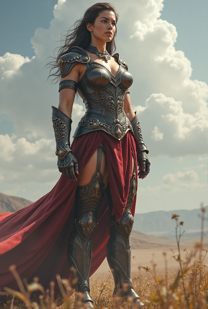 two sexy warrior princesses. tanned, mixed race princesses aged 30. on the roof of a tall building. standing regally, looking over a ruined present-day urban landscape. wearing intricately detailed leather armour embossed with Celtic knotwork, accented with lace and denim for flexibility. The armour includes a plunging chest plate with lace details, along with shoulder guards and segmented leg armour with lace-trimmed high thigh guards. She also dons a symbolic headpiece with Celtic symbols and flowing lace strips, complemented by a short leather and lace cape fastened with a brooch and high leather boots. The colour palette includes deep green, black, and bronze, with bright green accents and subtle Celtic jewellery. The warrior princesses have a confident and happy expression, looking into the distance. She holds a small sword and shield at her sides. She stands amid the remnants of a war-torn future urban environment, with bombed-out buildings and overgrown vegetation adding to the atmosphere. distant smoke