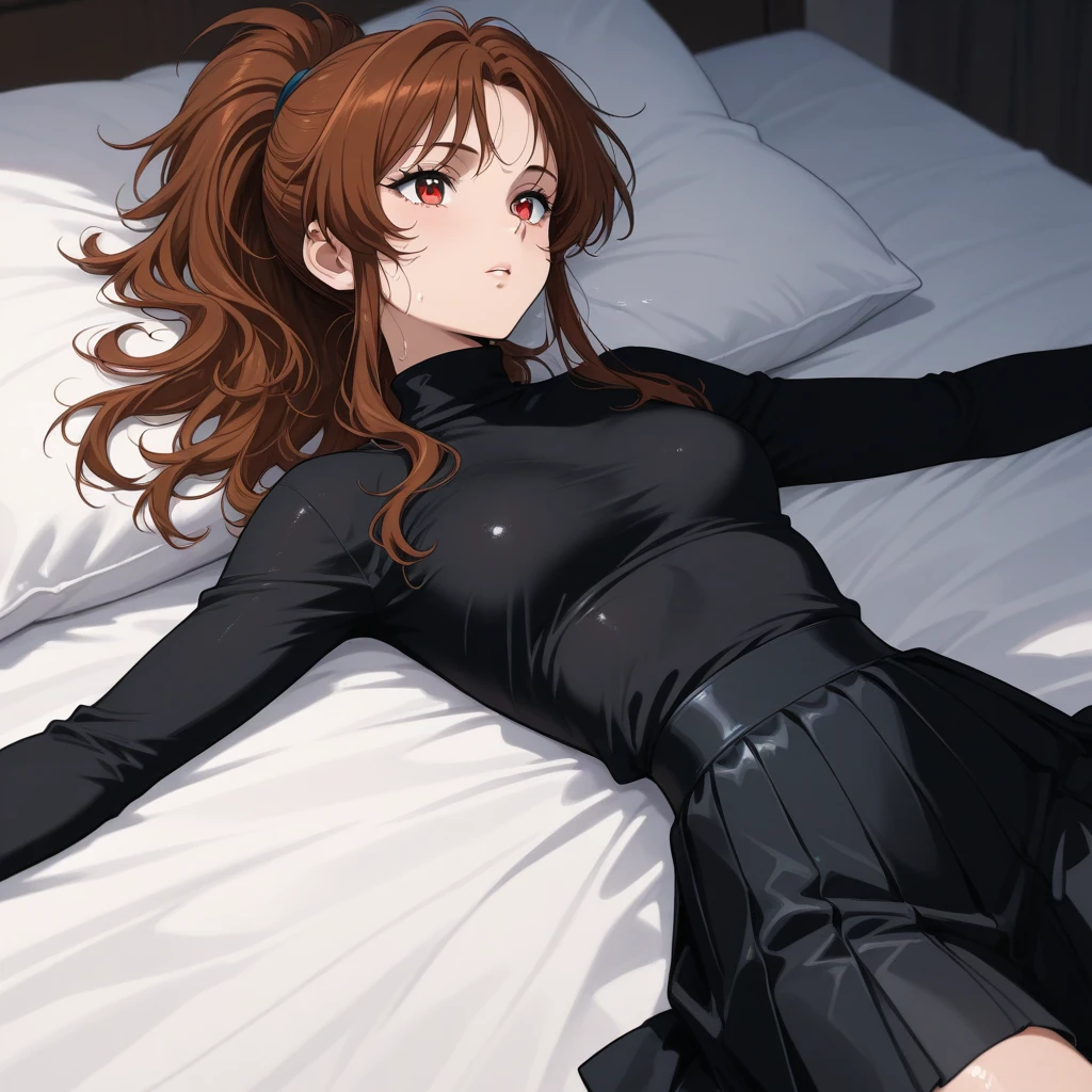 she has past shoulder length brown hair with bangs tied up in a ponytail, brown eyes, very fair skin, she is beaultiful, anime, at home lying on the sofa, black bunny suit, small breasts and ass