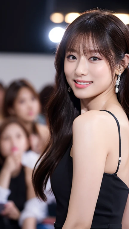 (masterpiece:1.3), High resolution, Super detailed, Highly detailed CG Unity 8k wallpaper, Realistic, photo-Realistic, RAW Photos, Beautifully detailed face, Pale skin, Realistic glistening skin, Detailed cloth texture, Detailed hair texture, Perfect body, Beautiful Face, Accurate, Anatomically correct, Highly detailed face and skin texture, Natural neck length, (Beautiful Hands), (Fair skin:1.1), (Good teeth alignment:1.1), (Sweaty skin:1.2), 
BREAK, 
Fine grain, Symmetrical eyes, Light brown eyes, double eyelid, Thin eyebrows, (Glossy Lips:1.4), ((A face waiting for a kiss:1.2)), (blush:1.1), (Sparkly little hair accessories:1.1), (Beautiful smile:1.1), (Holding a microphone:1.3),
BREAK, 
(An elegant and cute 15-year-old junior idol:1.3), (nude, nsfw, Very erotic nipples:1.4), baby face,
BREAK, 
small breast, Slim figure, Toned Abs, 
((Half Up, Black Hair, bangs:1.2)),  (Cowboy Shot:1.2), (View your viewers), Cowboy Shot, From above, 
BREAK, 
 (Singing on stage:1.3),