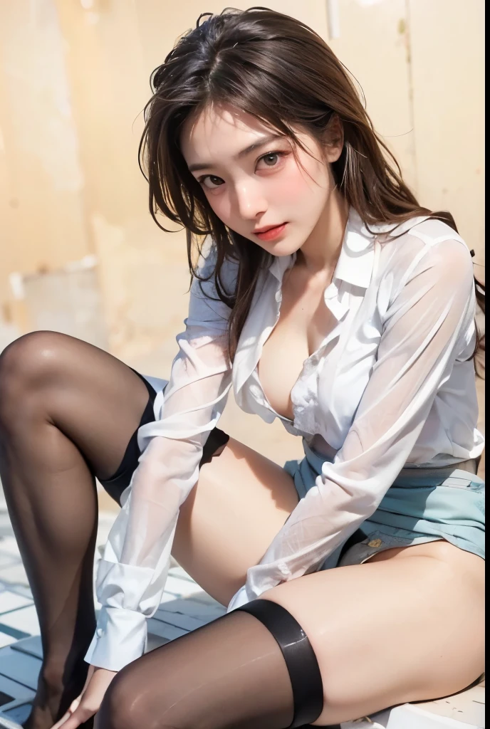16K quality、Highest quality、It is high resolution.、Real photo、Realistically、Realistic texture、Full body portrait、((Cute teenage KPOP idols))、(((Concert Venues、stage)))、((She sits with her legs spread in an M-shape and her panties are visible through her pantyhose))、((青と白のかわいいアイドルのstage衣装、アイドルのstageドレス、No sleeve、Large ribbon on the chest、丈の短いアイドルのstageドレス))、 (( Beautiful golden shiny hair、Semi-long hair、Put one ear out ))、((Blonde))、((With her legs spread wide, her panties are visible through her pantyhose))、(C cup breasts)、((blue eyes))、((Very thin, highly transparent pantyhose、Shiny pantyhose))、((High cut high leg panties))、choker、Shiny earrings、Beautiful legs、((Embarrassed expression、blush))、Be sexually aroused、High heels、(Big eyes、Very beautiful and subtle makeup, Light makeup)、Perfect body、Perfect hands、Perfect Fingers、Detailed and beautiful thin lips、A clear, beautiful face and well-proportioned eyes、Highly detailed eyes and face、A neat nose、Thin eyebrows、(Perfect Eyes)、Realistic Light、subtle eye shadow、Cute round face, Plump thighs、Accentuate your thighs、Hairstyle with bangs、Slender body、slim、Light-reflecting skin、Model Body Type、Beautiful Eyes、Long eyelashes、double eyelid、8Head to Body、Low - Angle、The light reflected in your eyes、Smaller face、Lip gloss、Looking away、Background blur、Movie lighting from the front、Light on face
