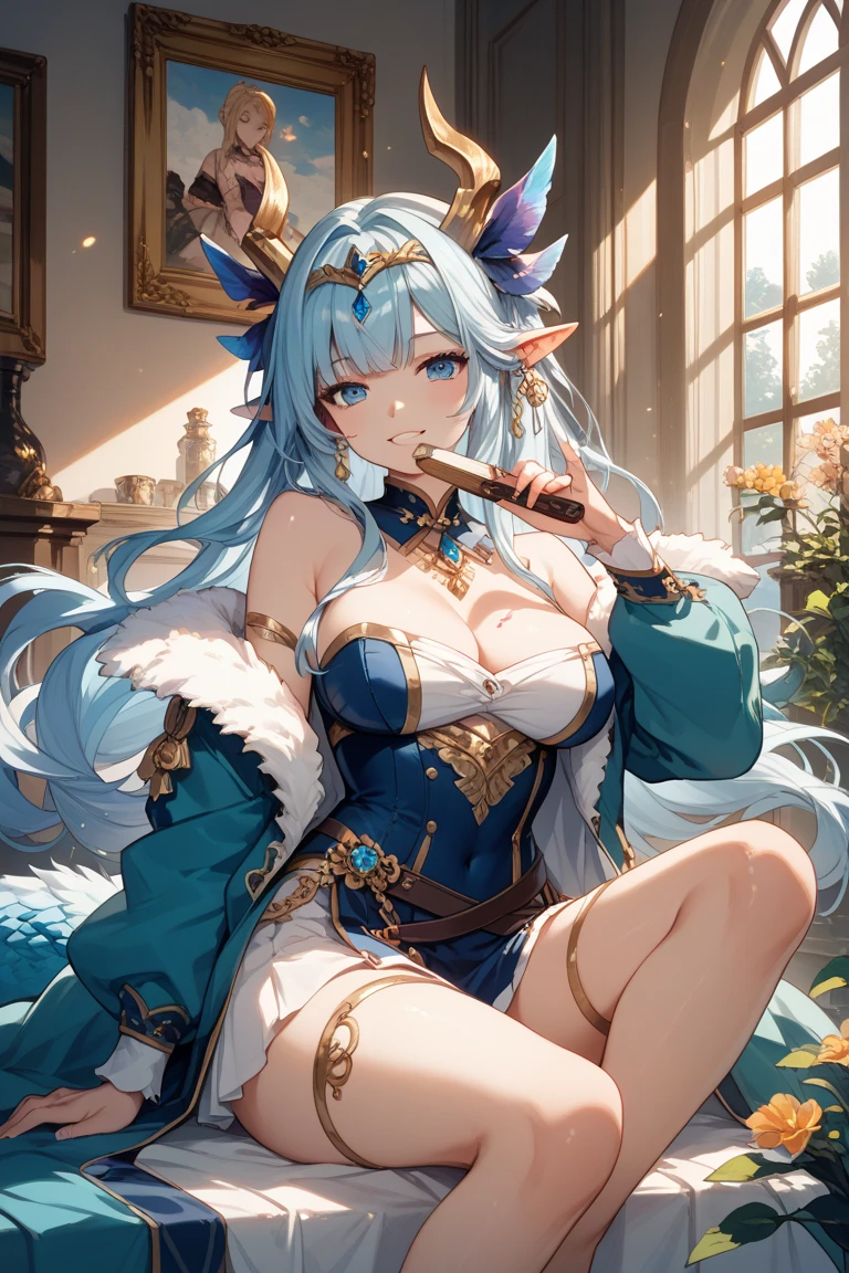 (anime Girl) (brown hair with turquoise blue hair tips) (long loose hair) (turquoise blue eyes) (fox ears Brown) (big breasts) princess