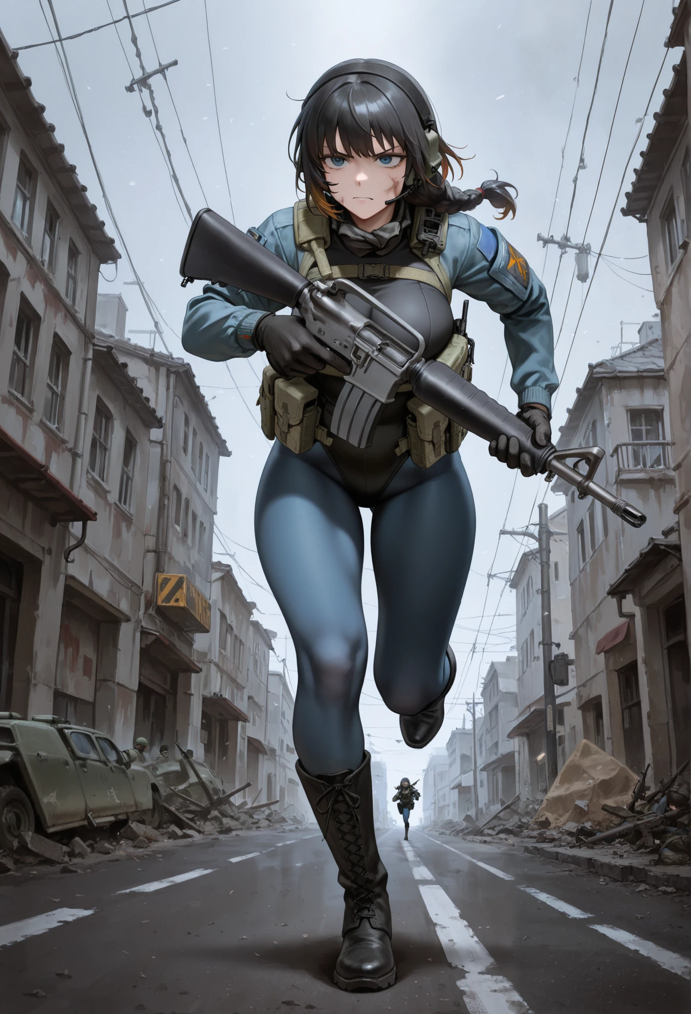 (best quality), (masterpiece), amazing quality, absurdres, highly detailed, 1girl, solo, solo focus, random hairstyles, tactical headset, black leotard, blue sleeves, black gloves, full pantyhose, blue tights, black boots, knee boots, tactical gear, c-m16, holding m16, m16a2, running, dutch angle, war zone background, gritty espionage atmosphere, cinematic lighting, daytime
