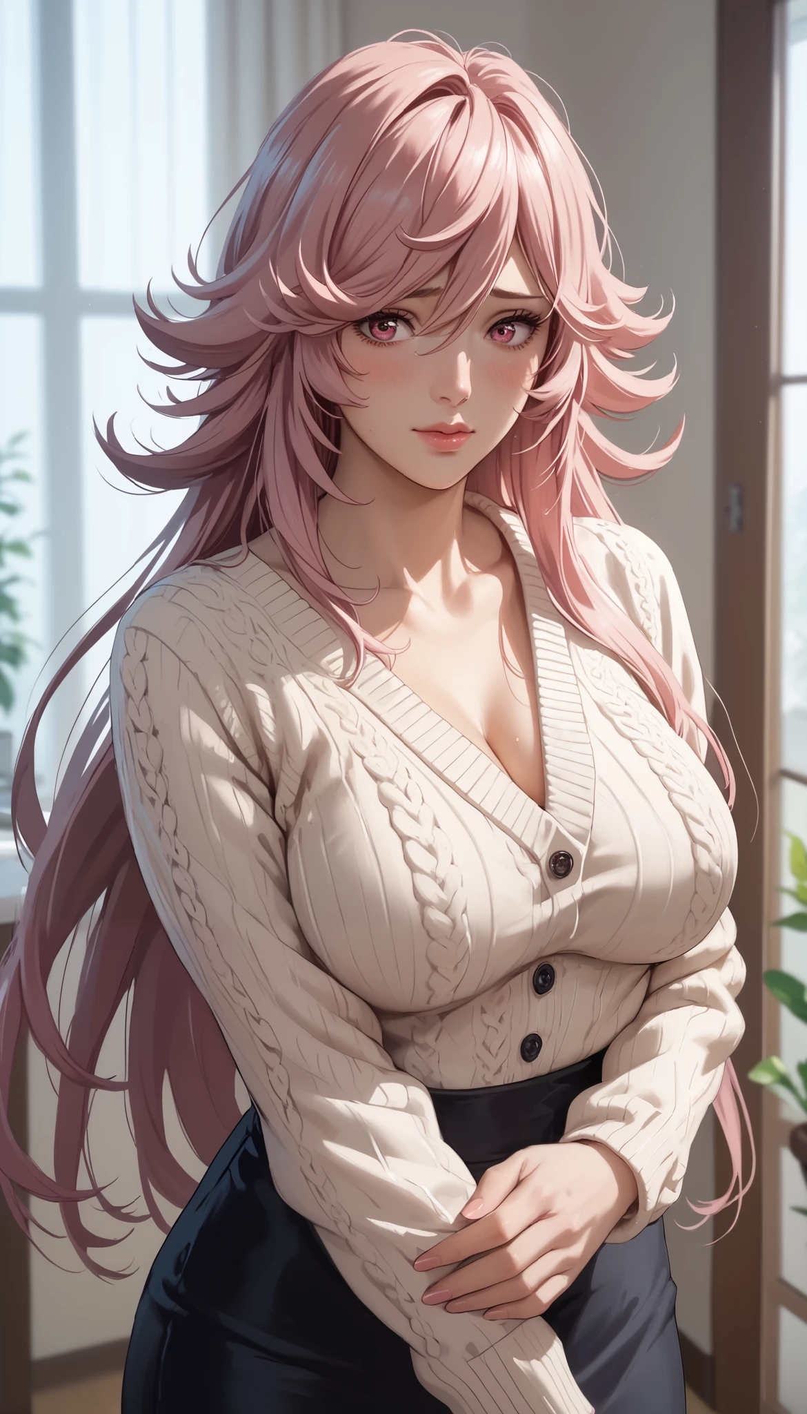 Solo girl, yayoi kusakabe,adult woman, housewife, pink hair, pink eyes, long hair, chest, white dress, open sweater, black skirt, milf, embarrassed, soft light, very detailed, top quality,A look of shame on his face,