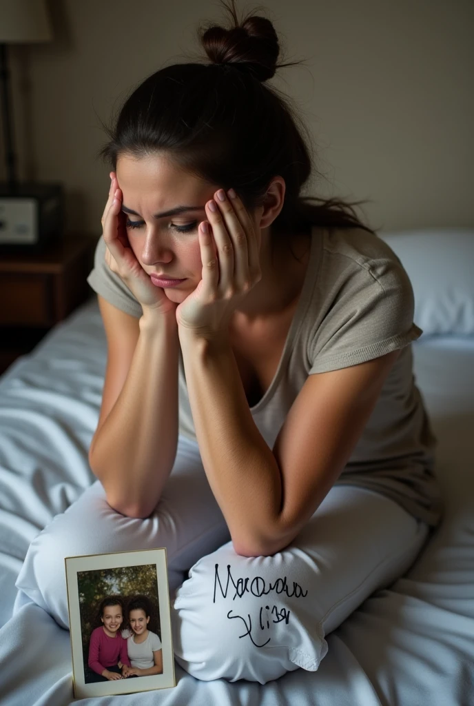 A woman, sitting on her husband's bed, with tears in her eyes and sadness on her face