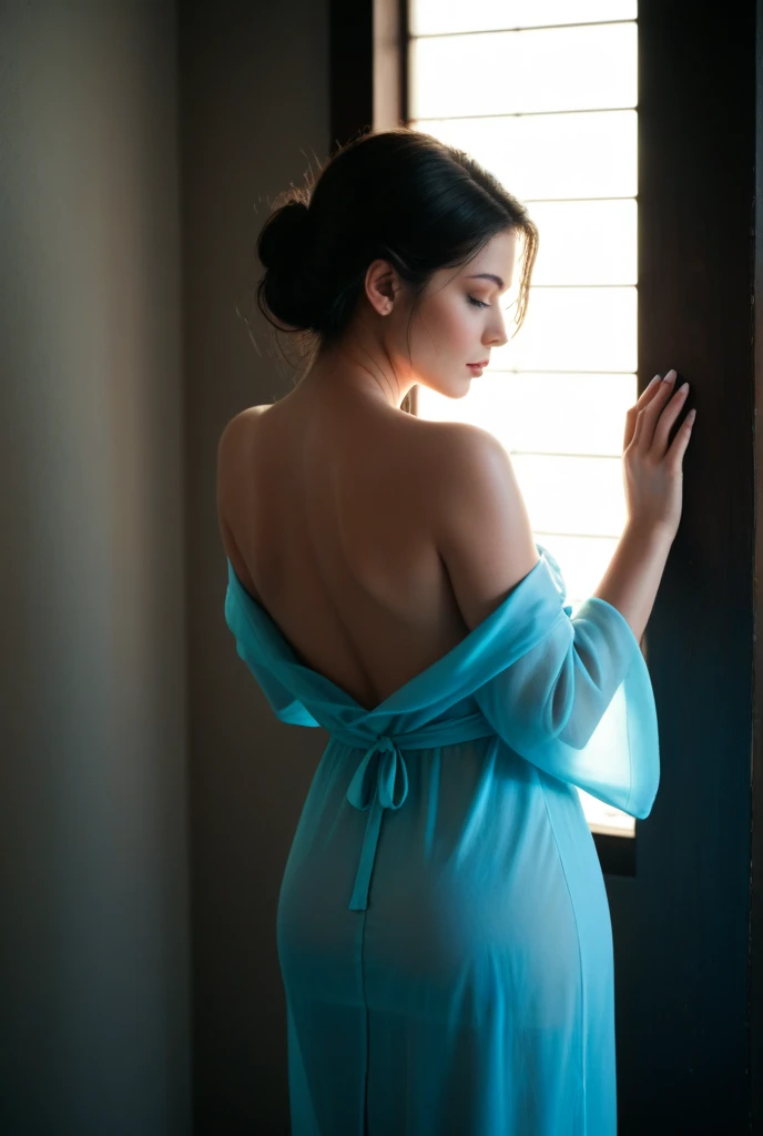 Hiper realista por {Melissa O'Neil, ((Action Jack-o pose from behind)) (Erotic sexy baby blue lace lingerie), (boca vermelha cheia, cintura fina e fina, quadris largos, corpo perfeito)}, Facing the camera , symmetrical face , humano ideal, Lente de 85 mm, f8, fotography, ultra detalhes, Luz natural, luz de fundo, foto, studio lighting