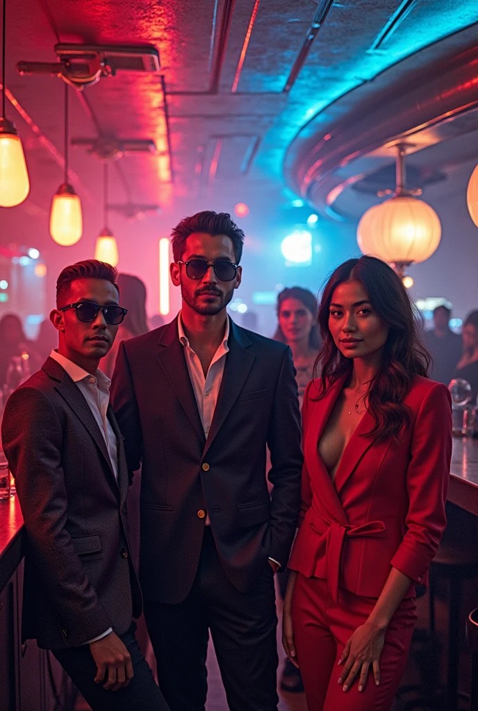a man in black posing with six female models outside on a street with colorful lights, in the style of contemporary color fields, city portraits, yellow and pink, colorful installations, passage, dotted, deconstructed tailoring