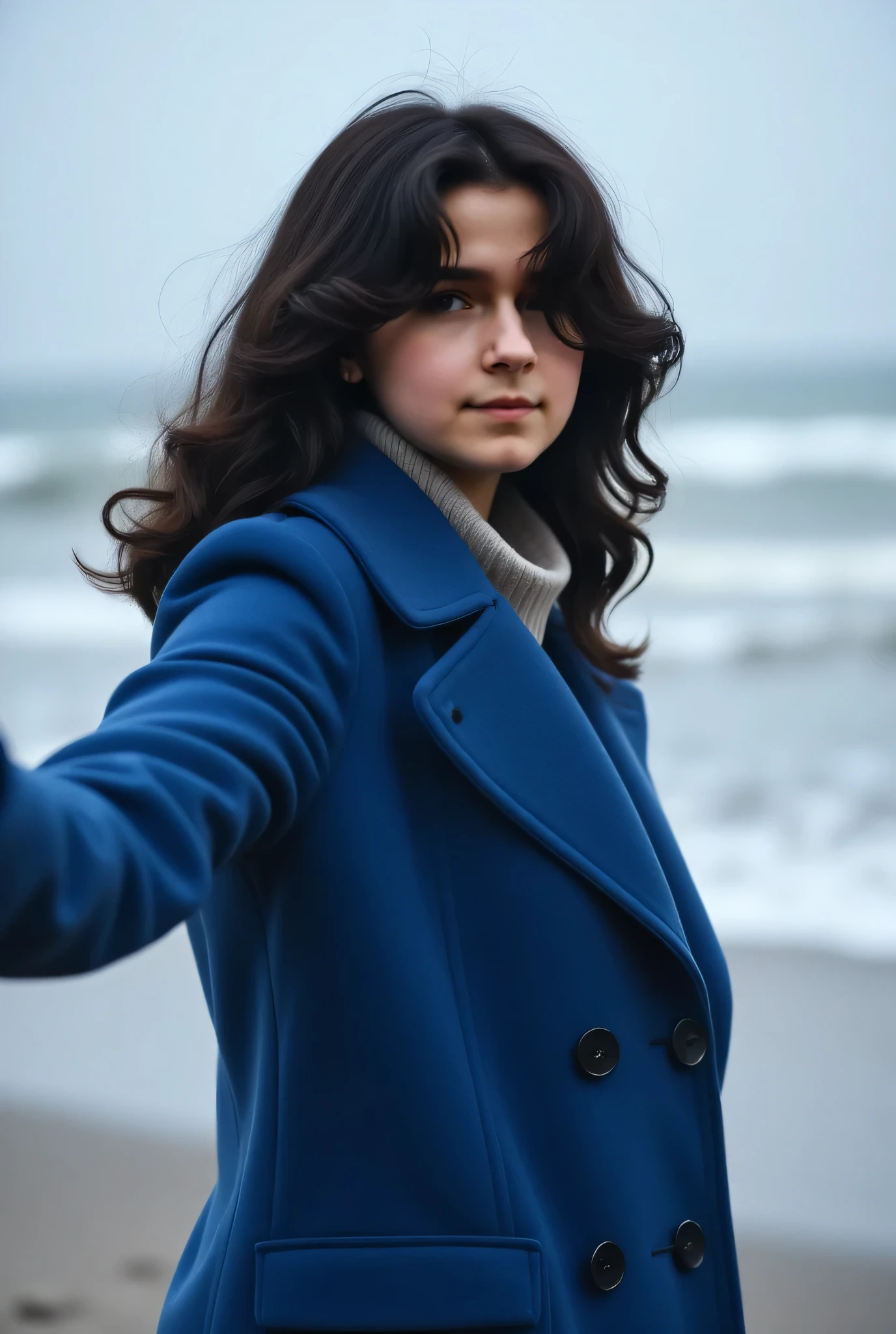 17 y.o. pretty skinny girl in blue coat, wavy dark hair, selfie, beach, wintera pretty  old girl, wavy dark hair, wearing a blue coat, taking a selfie at the beach in winter, detailed facial features, natural expression, standing pose, waves crashing in the background, cloudy winter sky, cold atmosphere, HDR, 8K, ultra-detailed, photorealistic, studio lighting, vivid colors, professional portrait photography