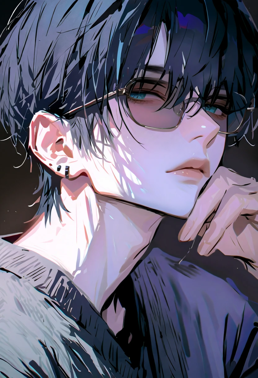  impasto,  short hair, Masterpiece,  best quality , 1 person , black hair with GLAY inner hair color , perfect face ,  GLAY Eye  ,   handsome man   , Alone,  blue-white skin ,  adult male  ,  upper body , Delicate line drawing, front with side View ,  very detailed ,  black background , sketch ,  Stylish clothes , black sunglasses ,  border color cardigan, modern style , piercing  , sit , expressionless , rest one's chin on one's chin , one's eyes from above