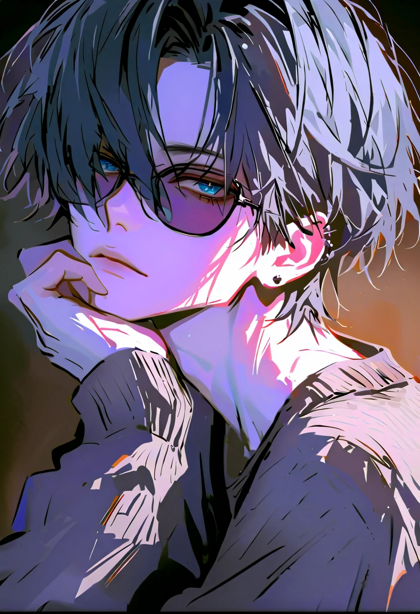 impasto, short hair, Masterpiece, best quality , 1 person , black hair with GLAY inner hair color , perfect face , GLAY Eye , handsome man , Alone, blue-white skin , adult male , upper body , Delicate line drawing, front with side View , very detailed , black background , sketch , Stylish clothes , black sunglasses , border color cardigan, modern style , piercing , sit , expressionless , rest one's chin on one's chin , one's eyes from above