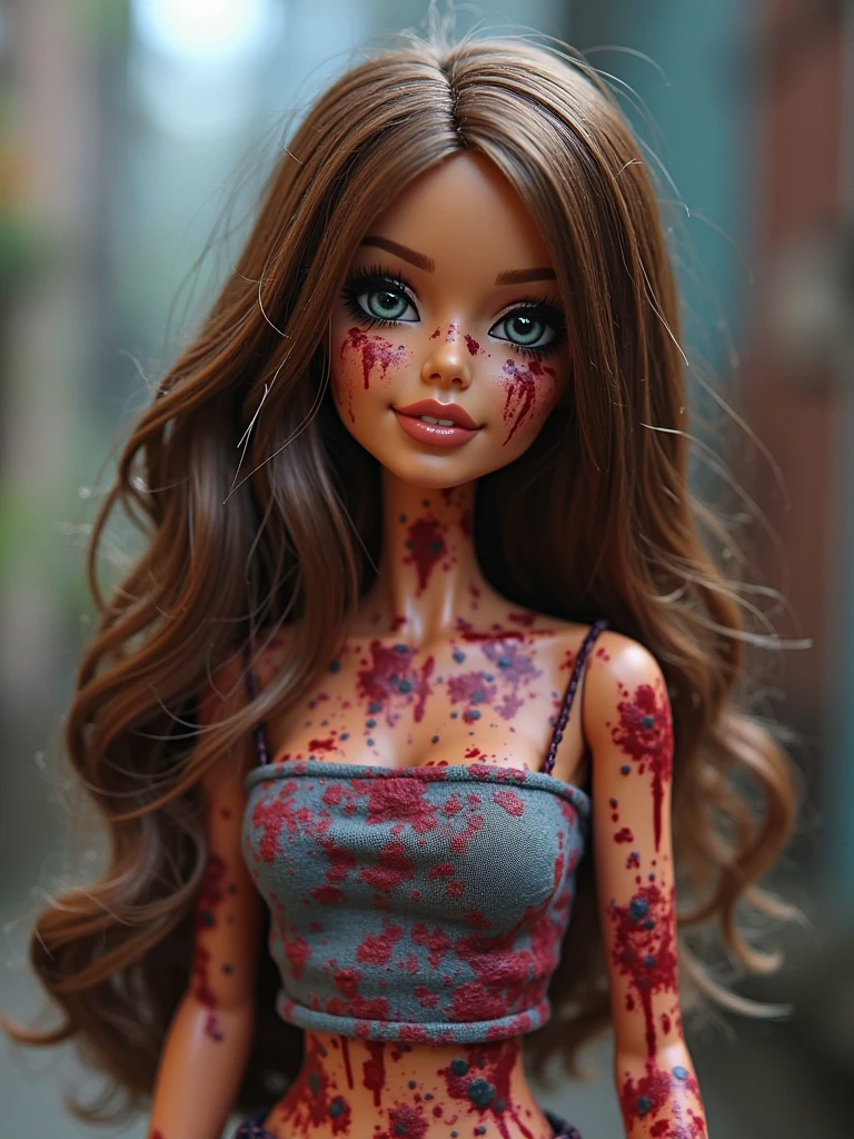 "Image of a Barbie doll with aged features, including the wrinkled face, withered and tired. The doll appears to be sad, dull and without collagen, reflecting a finished and worn look."