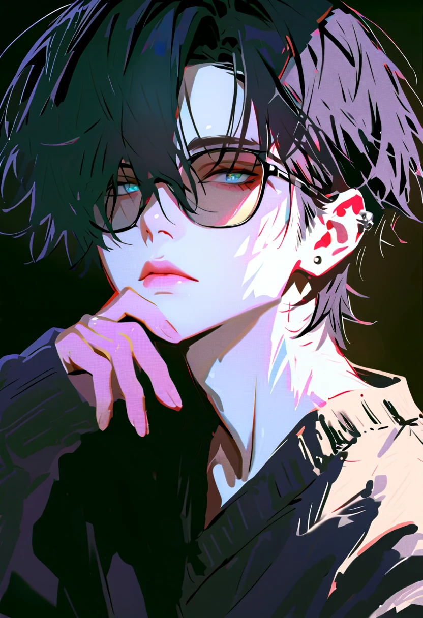 impasto, short hair, Masterpiece, best quality , 1 person , black hair with GLAY inner hair color , perfect face , GLAY Eye , handsome man , Alone, blue-white skin , adult male , upper body , Delicate line drawing, front with side View , very detailed , black background , sketch , Stylish clothes , black sunglasses , border color cardigan, modern style , piercing , sit , expressionless , rest one's chin on one's chin , one's eyes from above