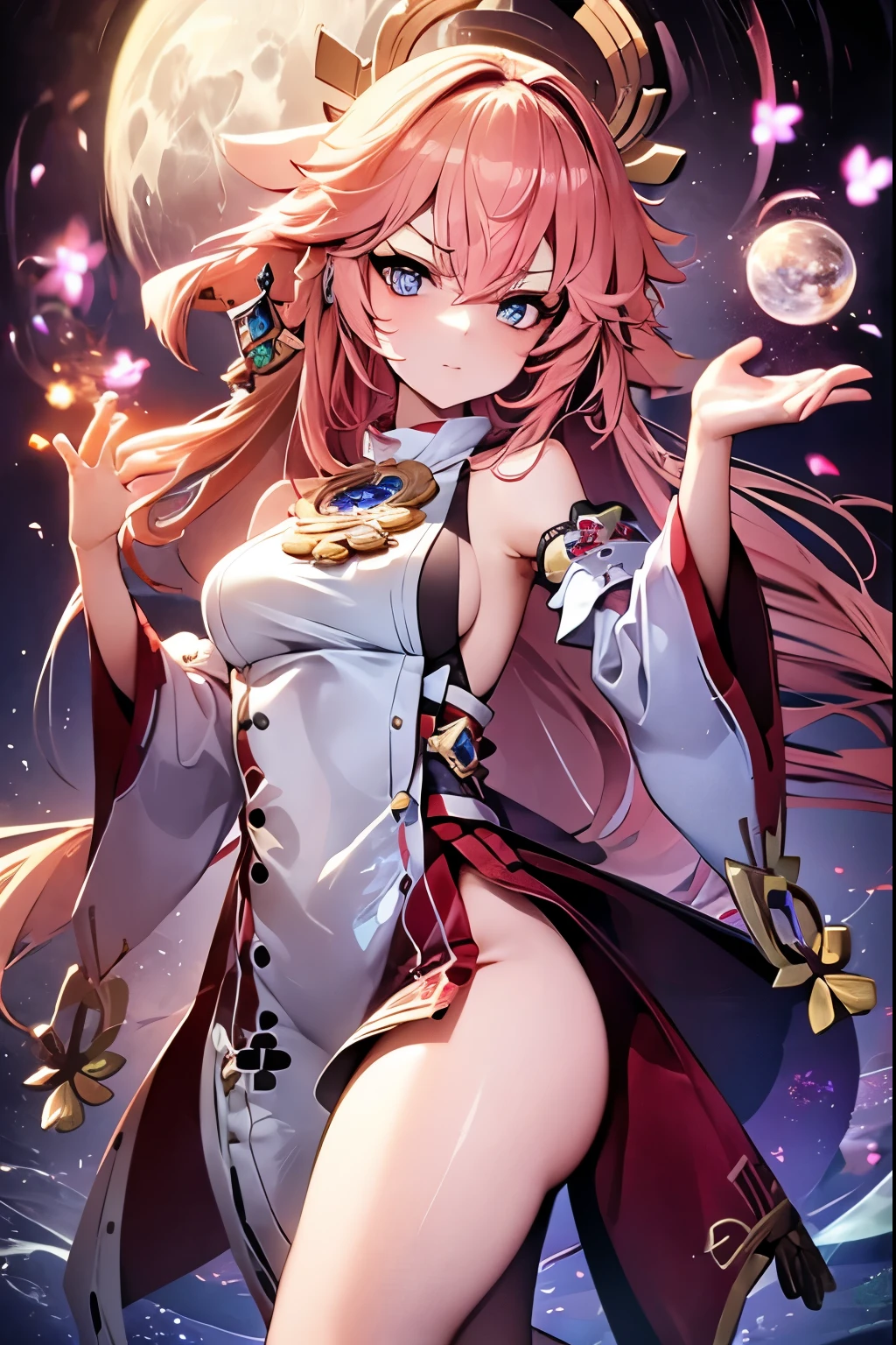 A girl with long pink hair, golden light magic, blue eyes, kimono, bare shoulders, legs, large breasts, smiling.