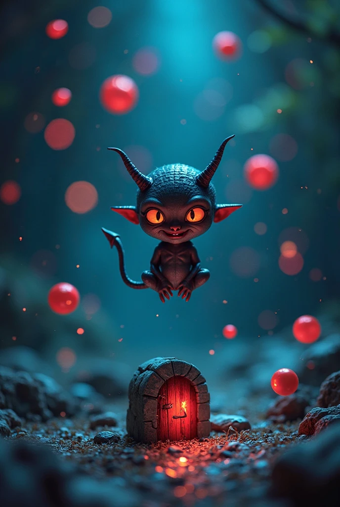 Floating antigravity bubbles of glass, inside the glass bubbles little cute devils , surrealistic, nightmare, gloomy. Predominant palette os red and bblack Realistic raytraicing, higky detailed.