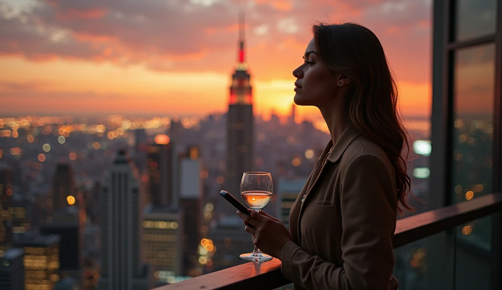 A woman stands on the balcony of a high-rise penthouse at sunset ...