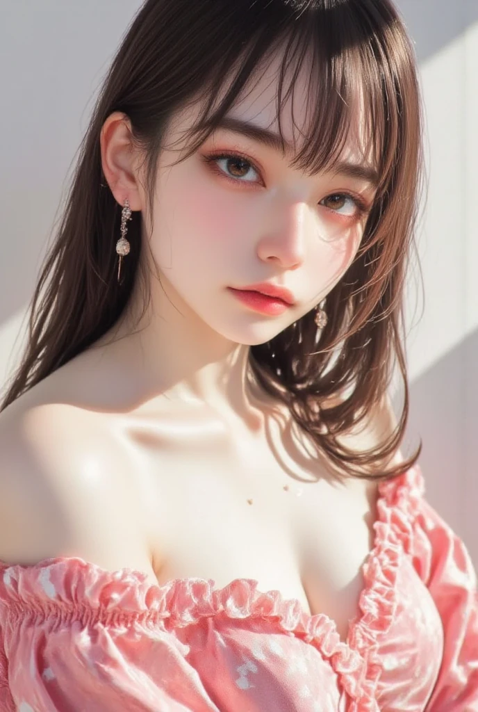 Beauty、 One girl, alone, Long Hair, View your viewers, smile, blue eyes, hair ornaments, White Background, jewelry, Gray Hair, Mouth closed, Blunt bangs, Manicure, bracelet, lips, Grey Eyes, Portraiture, Red nails, close, red lips, put your hand on your face, Put your hand on your cheek,(Mature Woman),(Shiny skin),((Steaming body))(A girl walking in a park after the rain)、whole body、(Wet semi-transparent white cropped T-shirt)Wet tight mini skirt、Wet pink bra showing through、Slim body、Medium sized breasts、slim female model,((She's wet))(nipple)(Pink is transparent),((Golden white wet hair)),