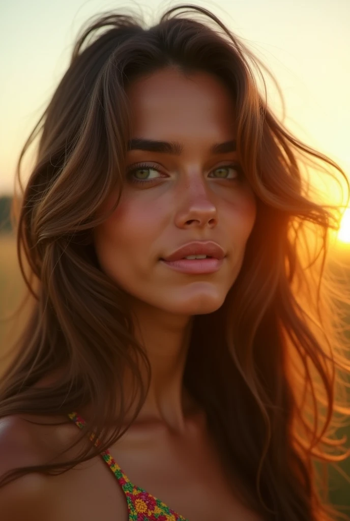 a beautiful young girl with long brown hair, nude, detailed face, detailed eyes, detailed lips, detailed skin, highly detailed, photorealistic, 8k, masterpiece, intricate, ultra-detailed, realistic, dramatic lighting, cinematic, warm color tones, glowing skin, natural setting, lush greenery, golden hour